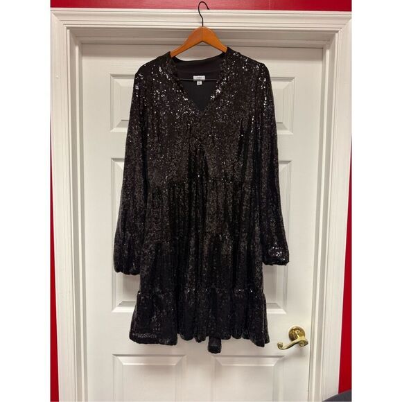 Crown & Ivy Black Tiered Sequin V-Neck Long Sleeve Dress sz XL EUC - Picture 1 of 11